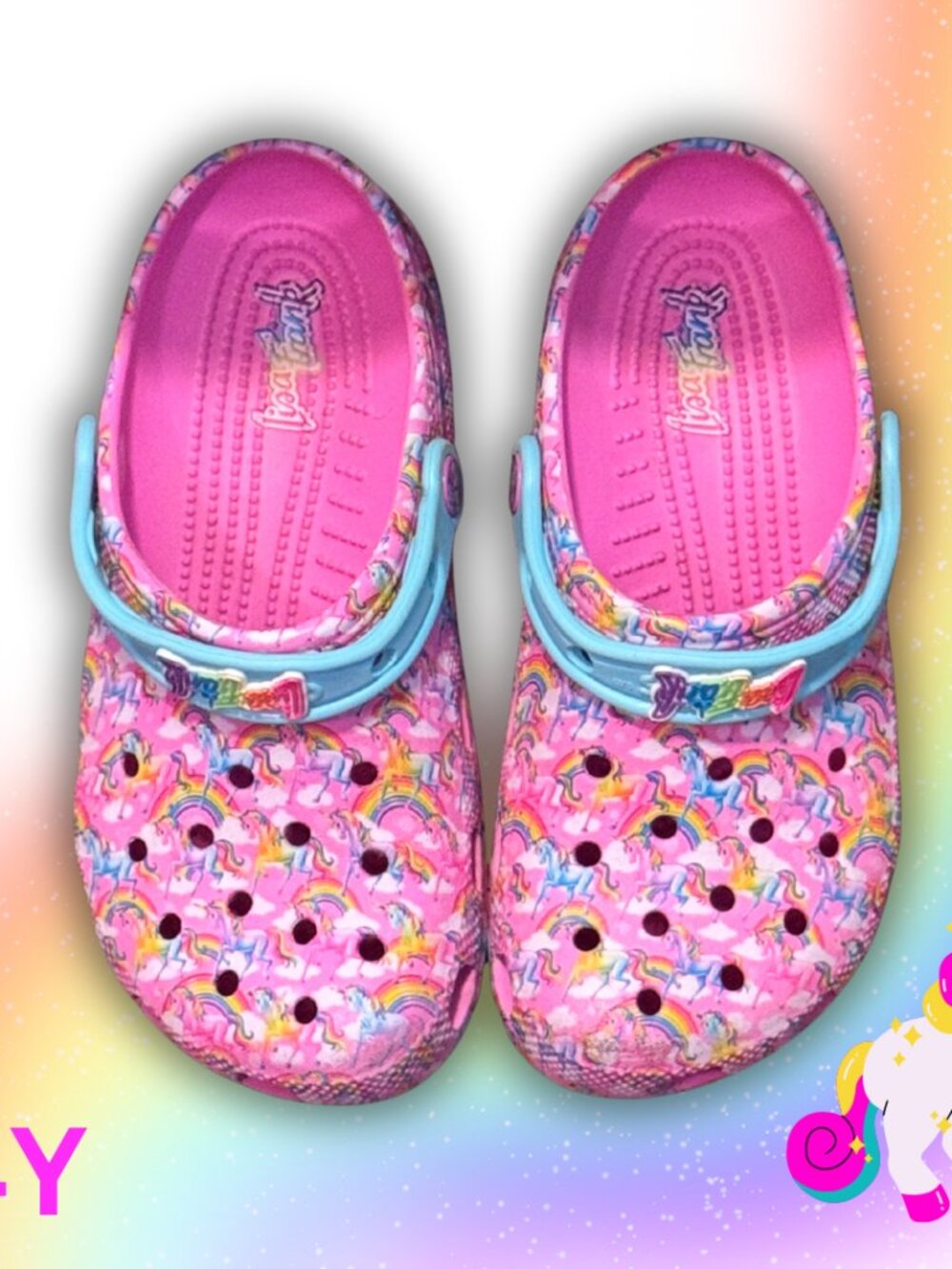 🌈 Lisa Frank x Crocs Unicorn Rainbow Graphic Clogs – Youth J4 (EUC) 🌈